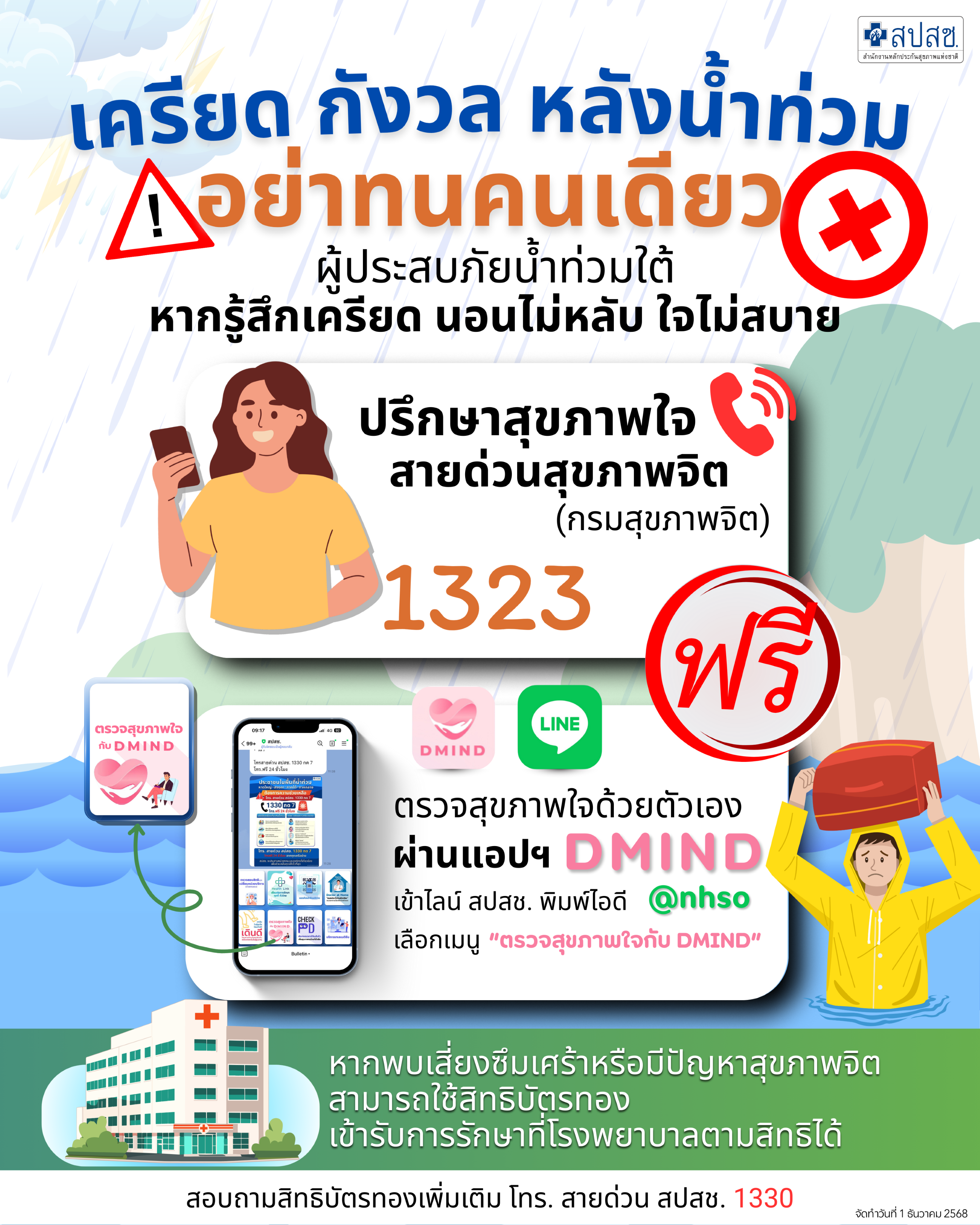 เครียด กังวล หลังน้ำท่วม อย่าทนคนเดียว ปรึกษาสุขภาพใจ สายด่วนสุขภาพจิต 1323