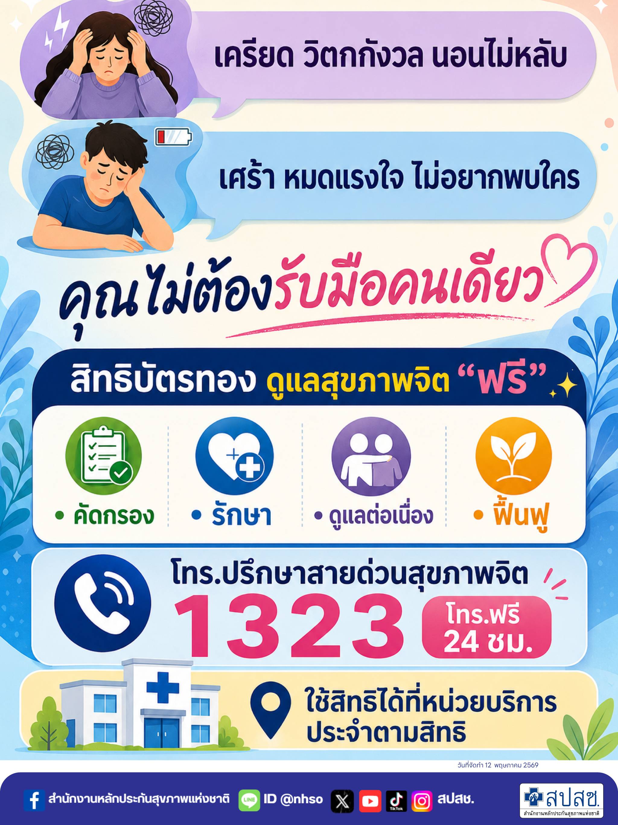 เครียด เศร้า ไม่ต้องรับมือคนเดียว สิทธิบัตรทอง ดูแลสุขภาพจิต ฟรี